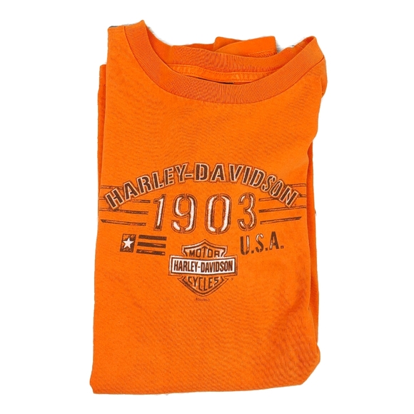 Harley Davidson Mens L Orange Asheboro NC Short Slv Top - Picture 3 of 7